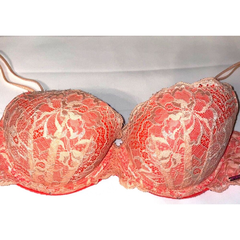Victoria Secret PINK 32D bra women's Lace Date push up Orange Yellow Sexy
